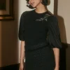 Current Air Knitwear | Short Sleeve Tops-Contrast Sleeve Knit Blouse BLACK