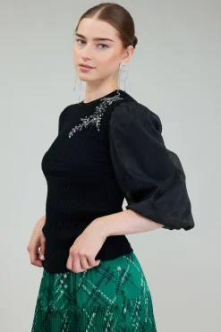 Current Air Knitwear | Short Sleeve Tops-Contrast Sleeve Knit Blouse BLACK