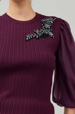 Current Air Knitwear | Short Sleeve Tops-Contrast Sleeve Knit Blouse BURGUNDY