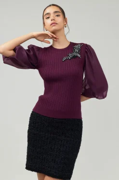 Current Air Knitwear | Short Sleeve Tops-Contrast Sleeve Knit Blouse BURGUNDY