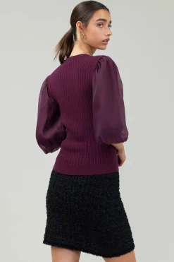 Current Air Knitwear | Short Sleeve Tops-Contrast Sleeve Knit Blouse BURGUNDY