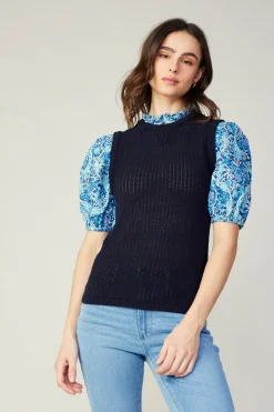 Current Air Knitwear | Sweaters-Contrast Sleeve Knit Top BLUEMLT
