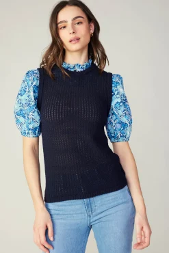 Current Air Knitwear | Sweaters-Contrast Sleeve Knit Top BLUEMLT