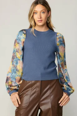 Current Air Sweaters-Contrast Sleeve Sweater Top AEGEANBLUE