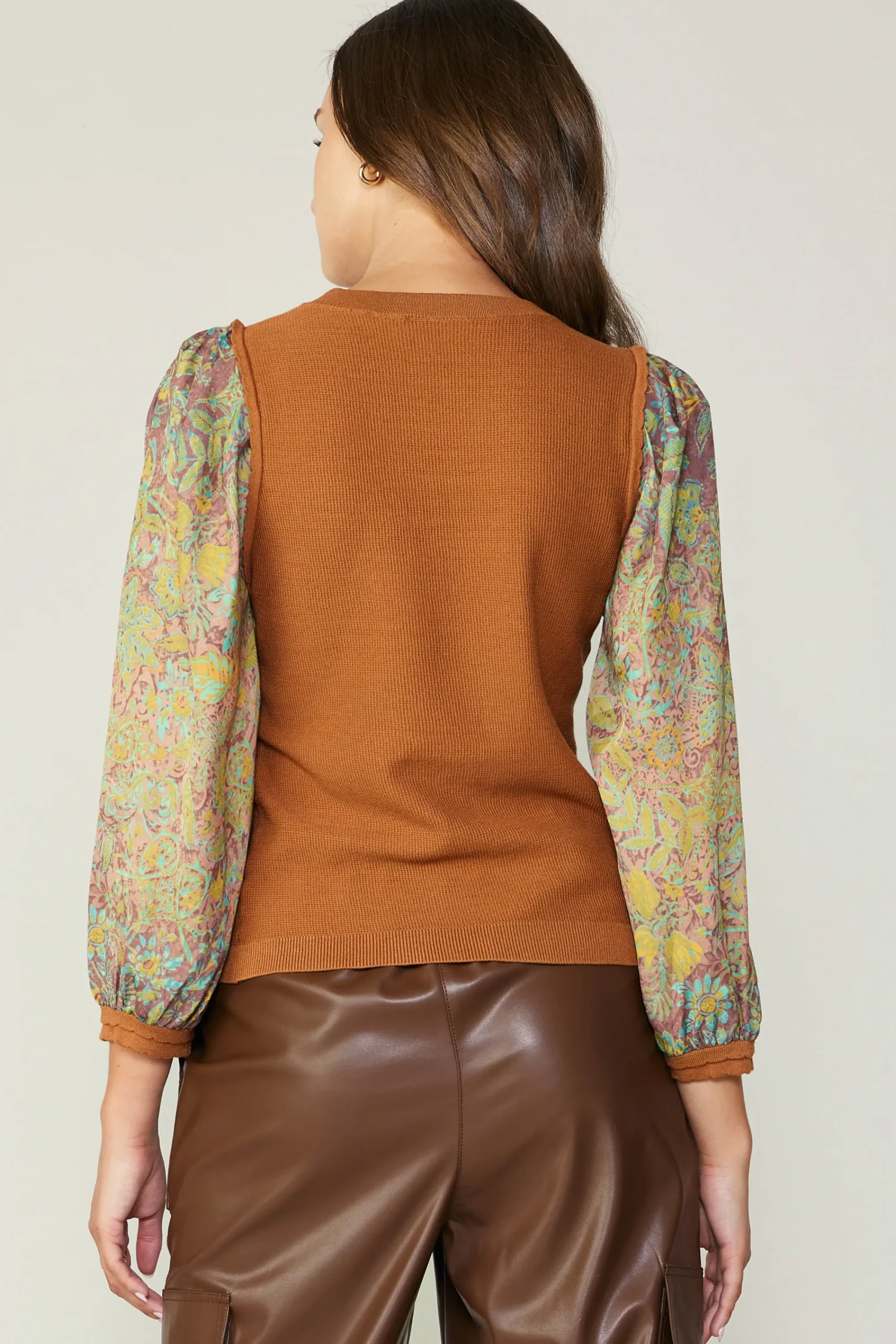 Current Air Sweaters-Contrast Sleeve Sweater Top CAMELGREEN
