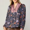 Current Air Long Sleeve Tops-Contrast Stripe Floral Blouse MULTI