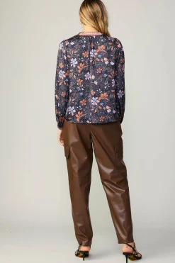 Current Air Long Sleeve Tops-Contrast Stripe Floral Blouse MULTI