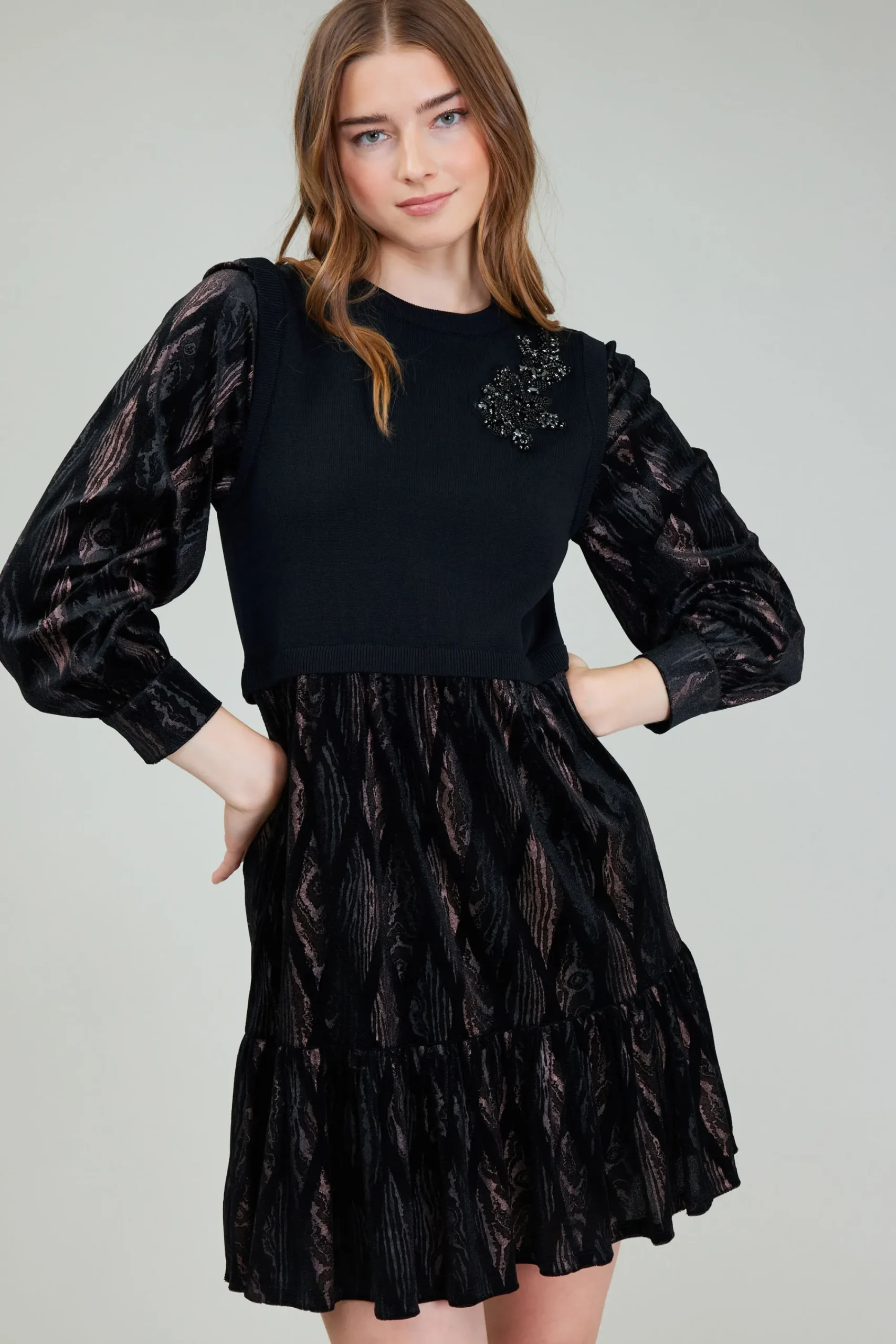 Current Air Knitwear | Mini Dresses-Contrast Velvet Foil Mini Dress BLACKBRONZEMULTI