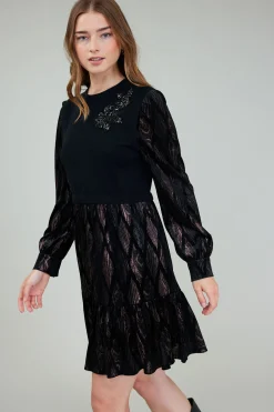 Current Air Knitwear | Mini Dresses-Contrast Velvet Foil Mini Dress BLACKBRONZEMULTI