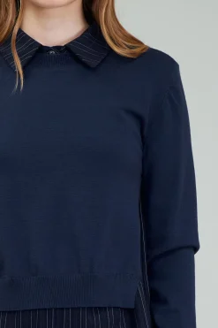 Current Air Knitwear | Long Sleeve Tops-Corduroy Knit & Woven Top NAVY