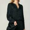 Current Air Long Sleeve Tops-Crinkle Plisse Blouse BLACK
