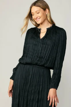 Current Air Long Sleeve Tops-Crinkle Plisse Blouse BLACK