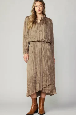 Current Air Long Sleeve Tops-Crinkle Plisse Blouse LATTE
