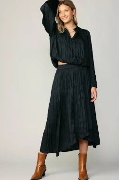 Current Air Long Sleeve Tops-Crinkle Plisse Blouse BLACK