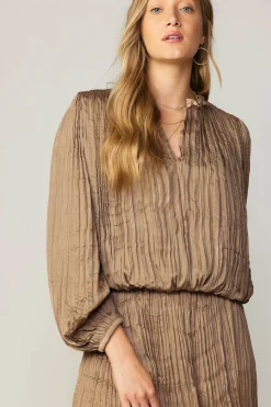Current Air Long Sleeve Tops-Crinkle Plisse Blouse LATTE