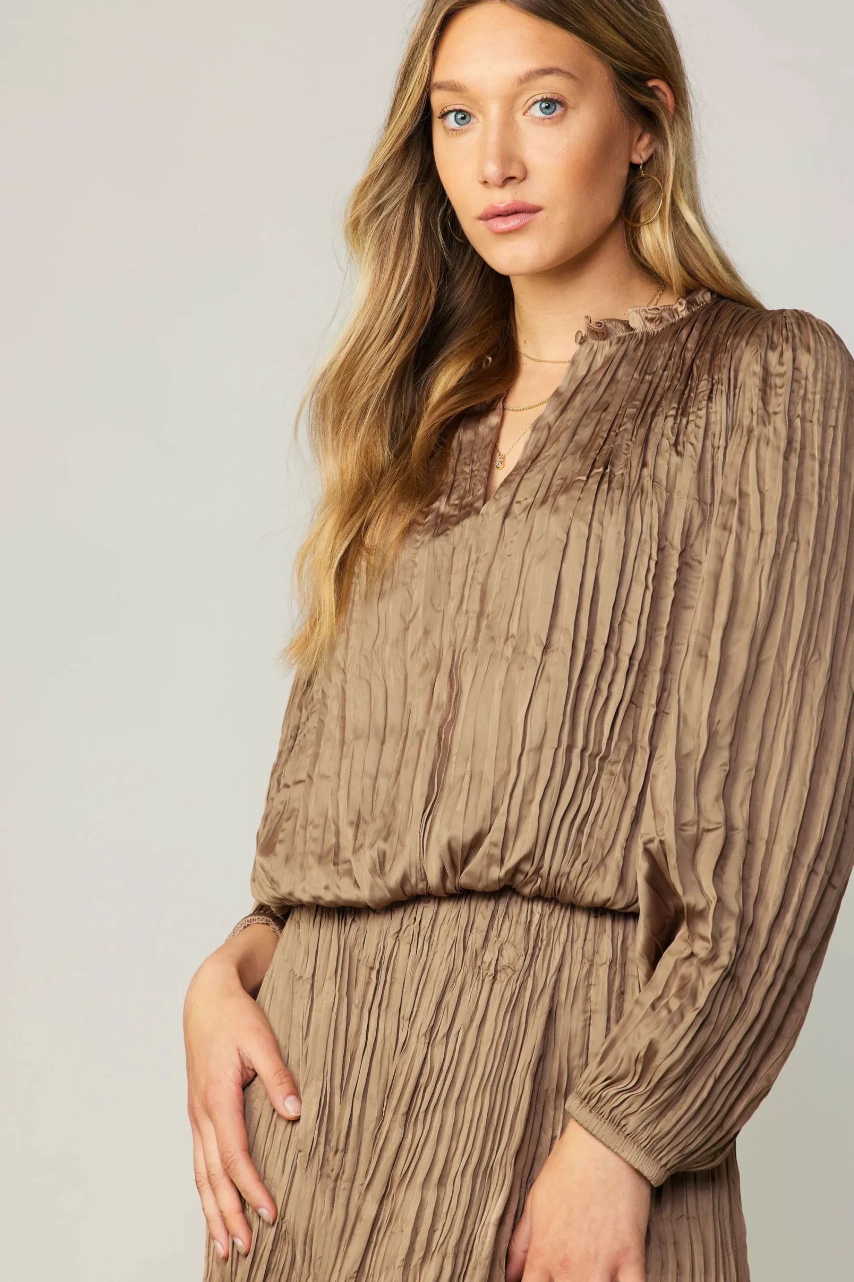 Current Air Long Sleeve Tops-Crinkle Plisse Blouse LATTE