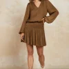 Current Air Mini Dresses-Crinkle Texture Smocked Mini Dress BROWN