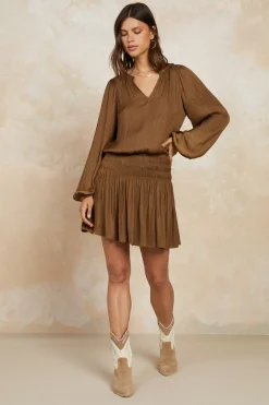 Current Air Mini Dresses-Crinkle Texture Smocked Mini Dress BROWN