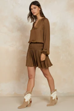 Current Air Mini Dresses-Crinkle Texture Smocked Mini Dress BROWN
