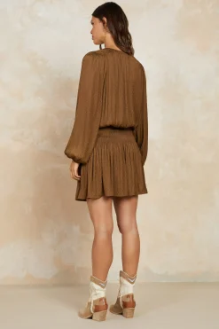 Current Air Mini Dresses-Crinkle Texture Smocked Mini Dress BROWN