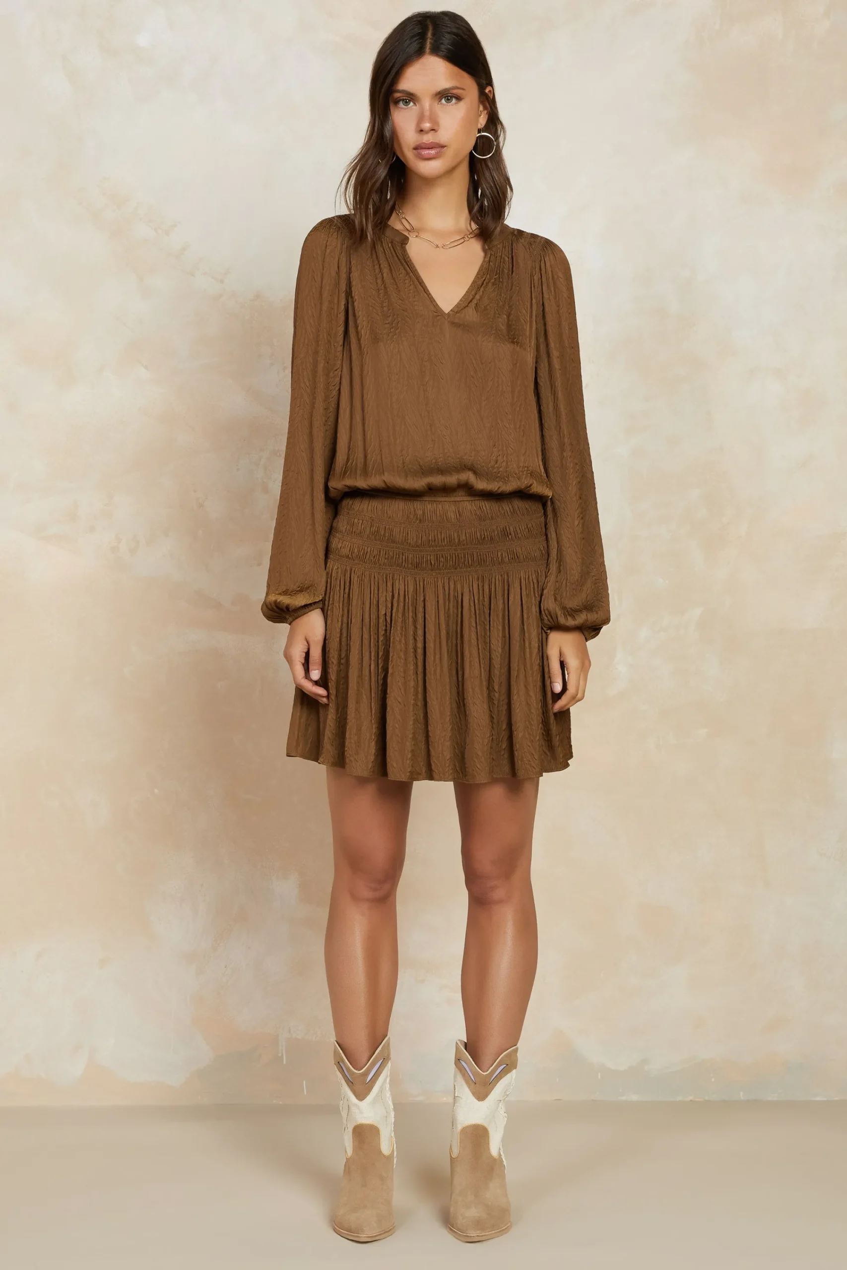 Current Air Mini Dresses-Crinkle Texture Smocked Mini Dress BROWN