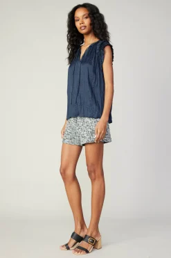 Current Air Sleeveless Tops-Crinkled Flutter Sleeve Top SLATENAVY
