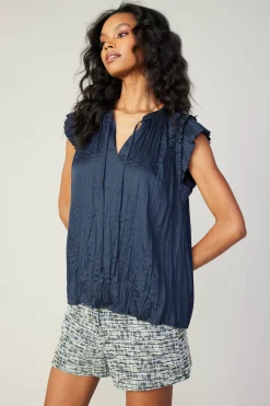 Current Air Sleeveless Tops-Crinkled Flutter Sleeve Top SLATENAVY