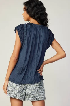 Current Air Sleeveless Tops-Crinkled Flutter Sleeve Top SLATENAVY