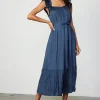 Current Air Midi Dresses-Crinkled Ruffled Shoulder Midi Dress NAVY