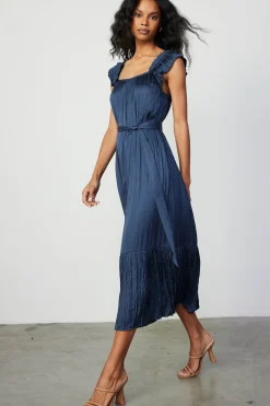 Current Air Midi Dresses-Crinkled Ruffled Shoulder Midi Dress NAVY