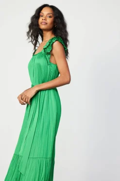 Current Air Midi Dresses-Crinkled Ruffled Shoulder Midi Dress DEEPSPRINGGREEN