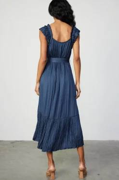 Current Air Midi Dresses-Crinkled Ruffled Shoulder Midi Dress NAVY