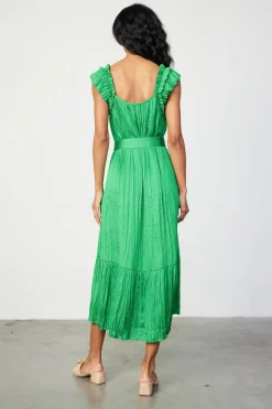 Current Air Midi Dresses-Crinkled Ruffled Shoulder Midi Dress DEEPSPRINGGREEN