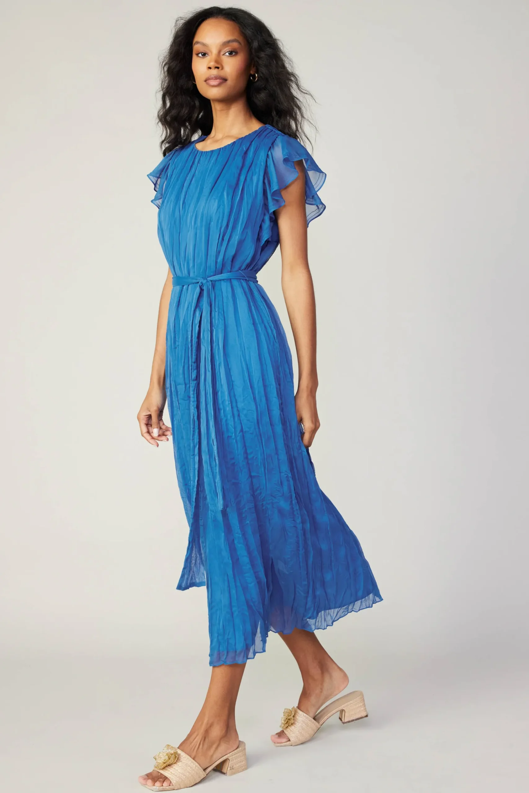 Current Air Midi Dresses-Crinkled Texture Flutter Dress AZUREBLUE
