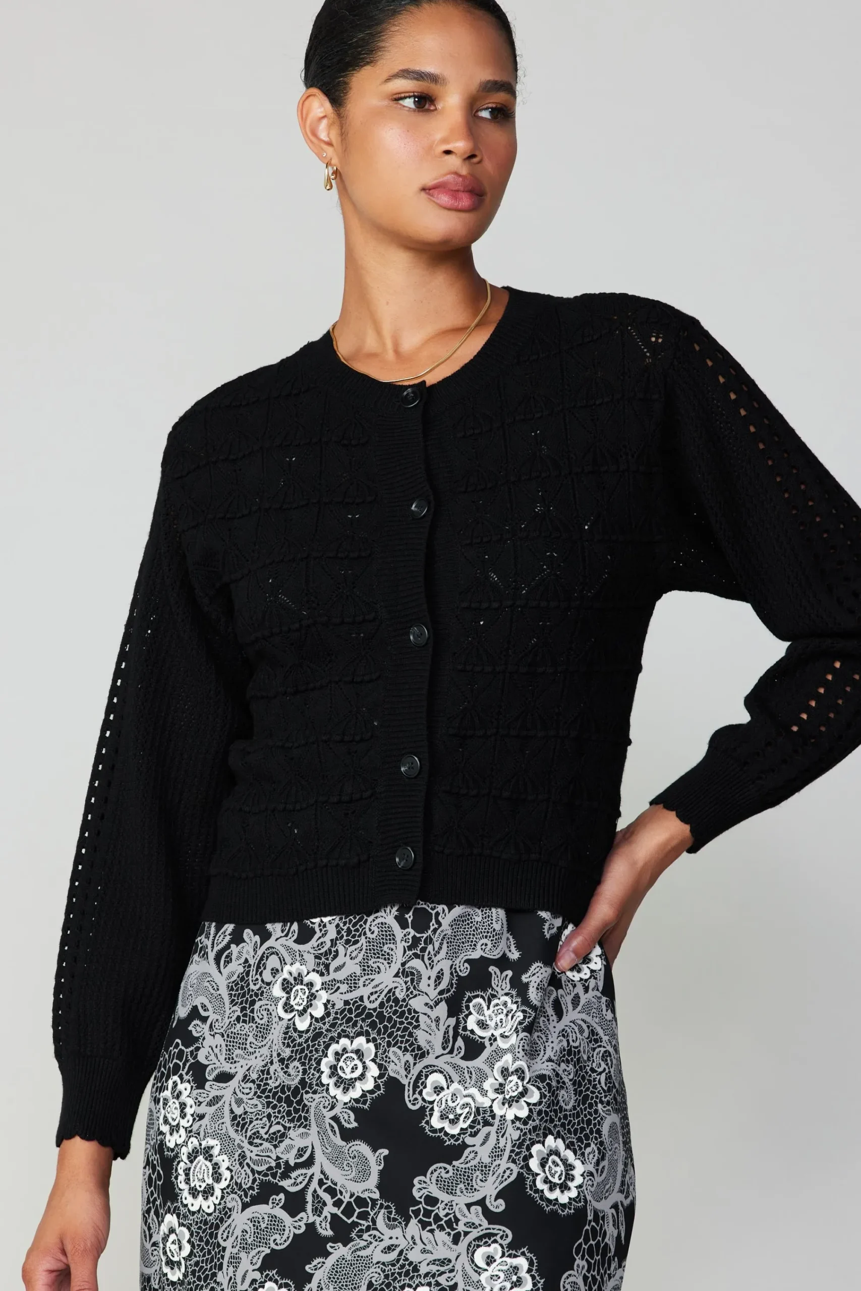 Current Air Cardigans | Long Sleeve Tops-Crochet Sweater Cardigan BLACK