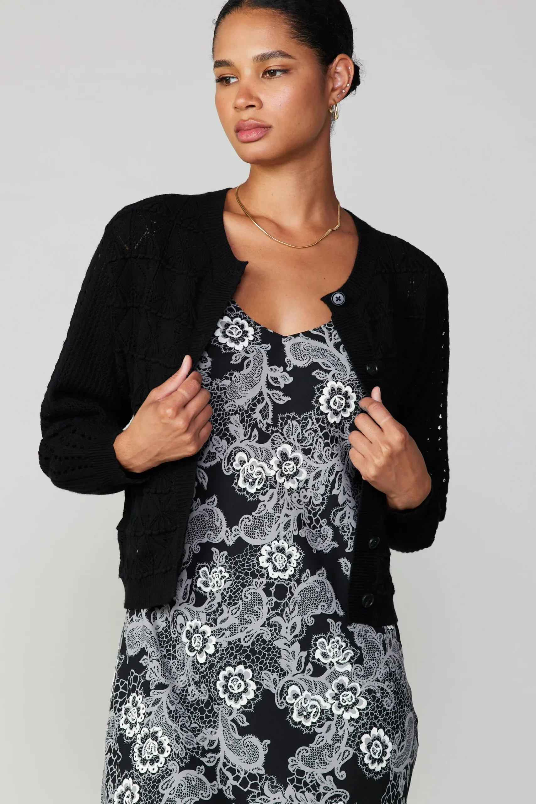 Current Air Cardigans | Long Sleeve Tops-Crochet Sweater Cardigan BLACK
