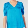 Current Air Short Sleeve Tops-Cuffed Pleated Yoke top BLUE