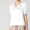 Current Air Short Sleeve Tops-Cuffed Pleated Yoke Top WHITE