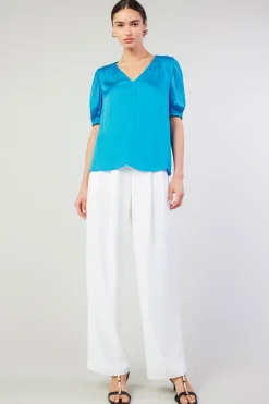 Current Air Short Sleeve Tops-Cuffed Pleated Yoke top BLUE