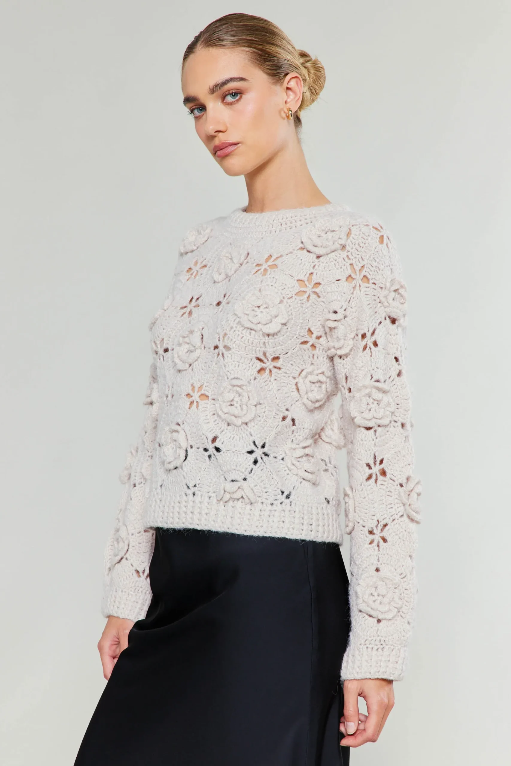 Current Air Knitwear | Sweaters-3D Floral Crochet Sweater IVORY