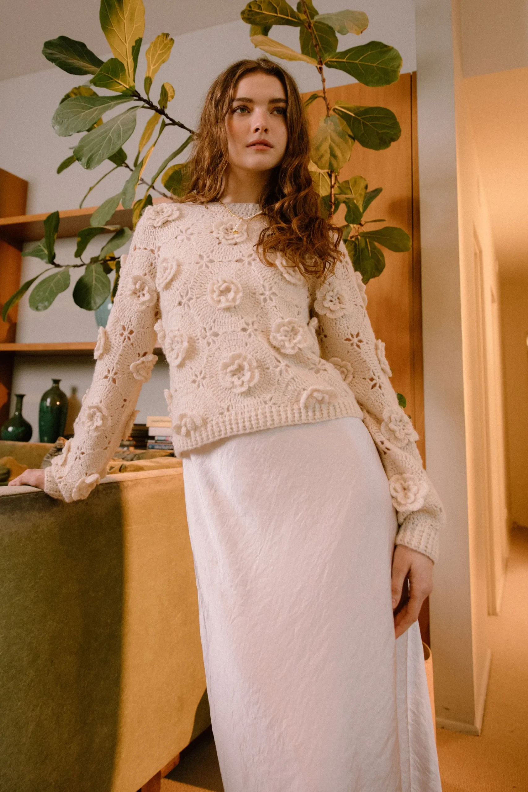 Current Air Knitwear | Sweaters-3D Floral Crochet Sweater IVORY