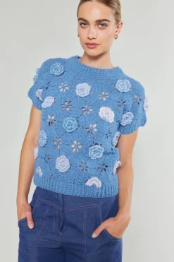 Current Air Knitwear | Short Sleeve Tops-3D Floral Crochet Top BLUEMLT
