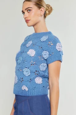 Current Air Knitwear | Short Sleeve Tops-3D Floral Crochet Top BLUEMLT