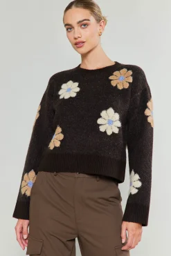 Current Air Knitwear | Sweaters-Daisy Embroidered Sweater BROWN