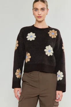 Current Air Knitwear | Sweaters-Daisy Embroidered Sweater BROWN