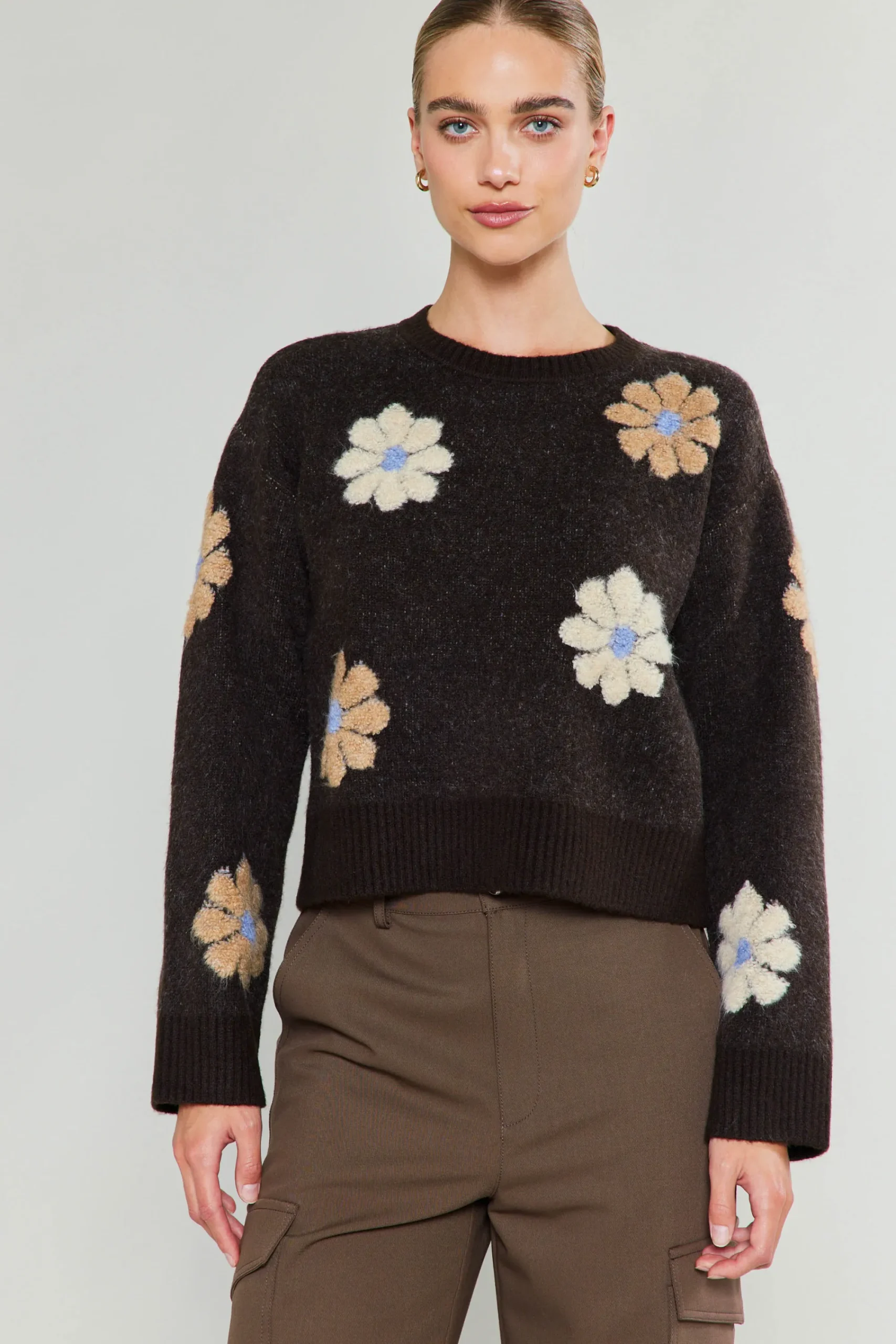 Current Air Knitwear | Sweaters-Daisy Embroidered Sweater BROWN