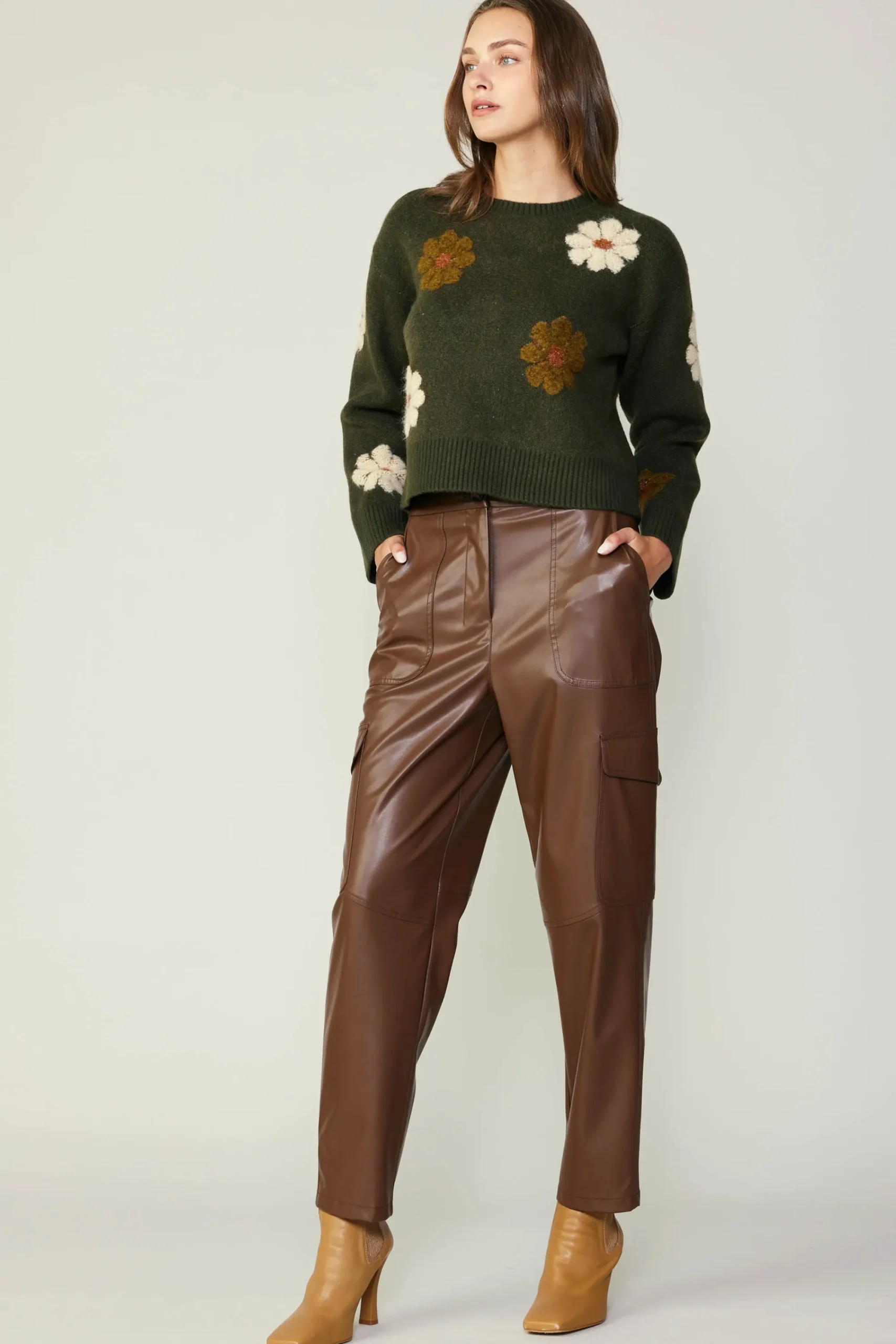 Current Air Knitwear | Sweaters-Daisy Embroidered Sweater KHAKI