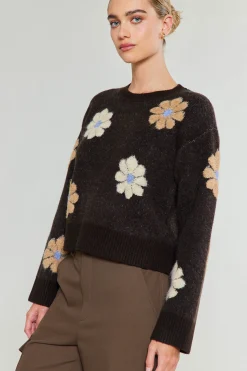Current Air Knitwear | Sweaters-Daisy Embroidered Sweater BROWN