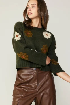 Current Air Knitwear | Sweaters-Daisy Embroidered Sweater KHAKI