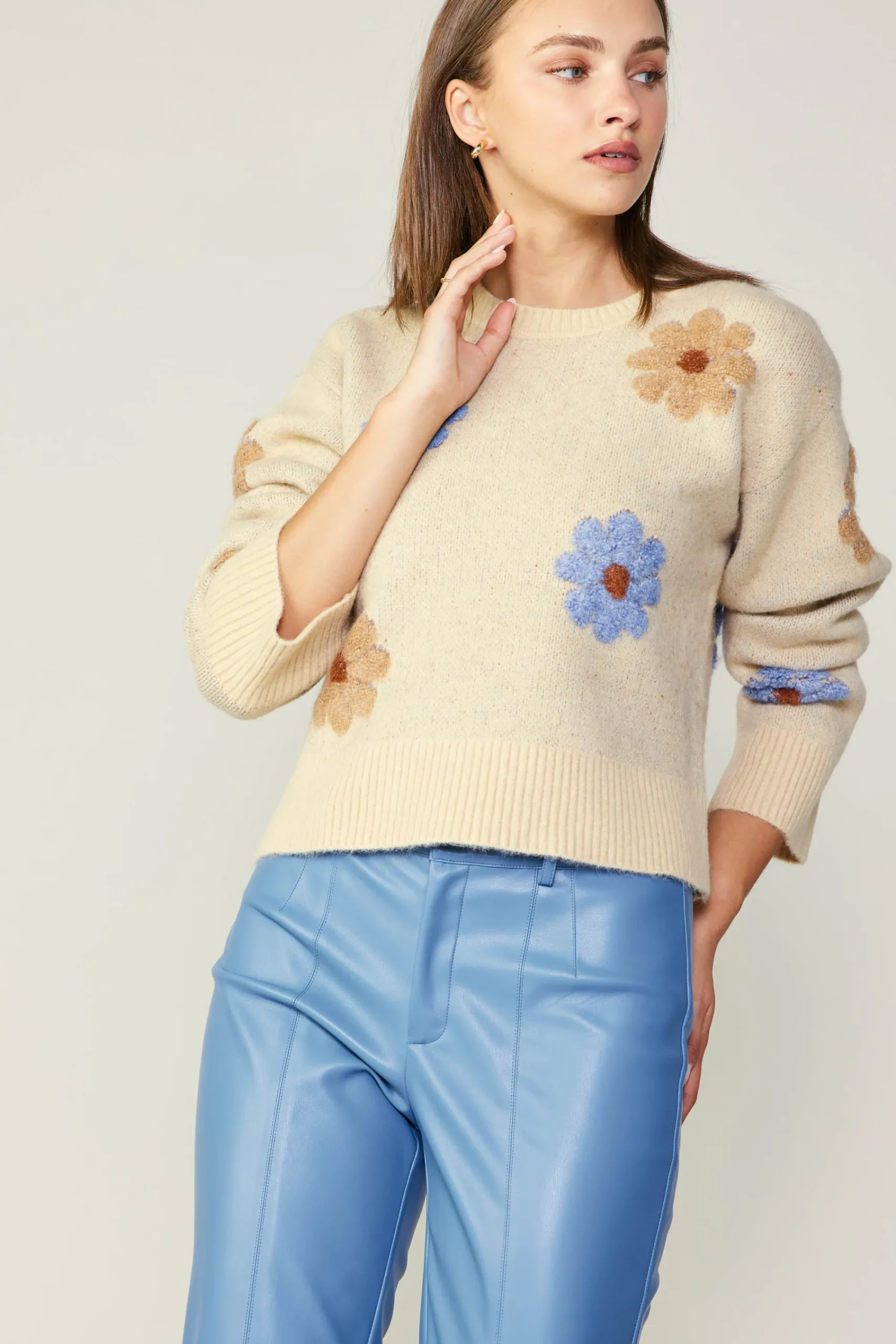 Current Air Knitwear | Sweaters-Daisy Embroidered Sweater CREAM